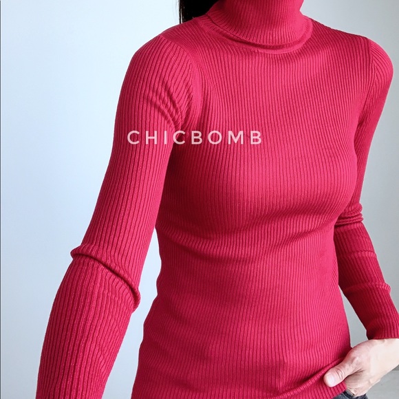 RED SLIM FIT RIBBED TURTLENECK TOP - Picture 9 of 14